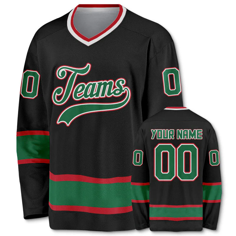 Custom Black Kelly Green-Red Authentic Hockey Jersey