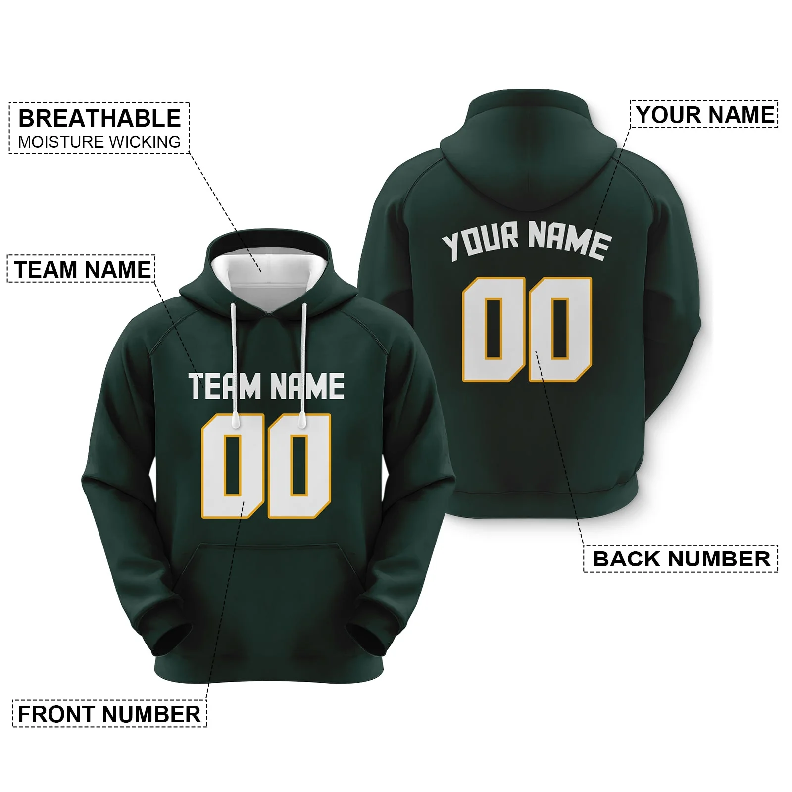Custom Dark Green White-Gold Sports Pullover  Sweatshirt Football Hoodie