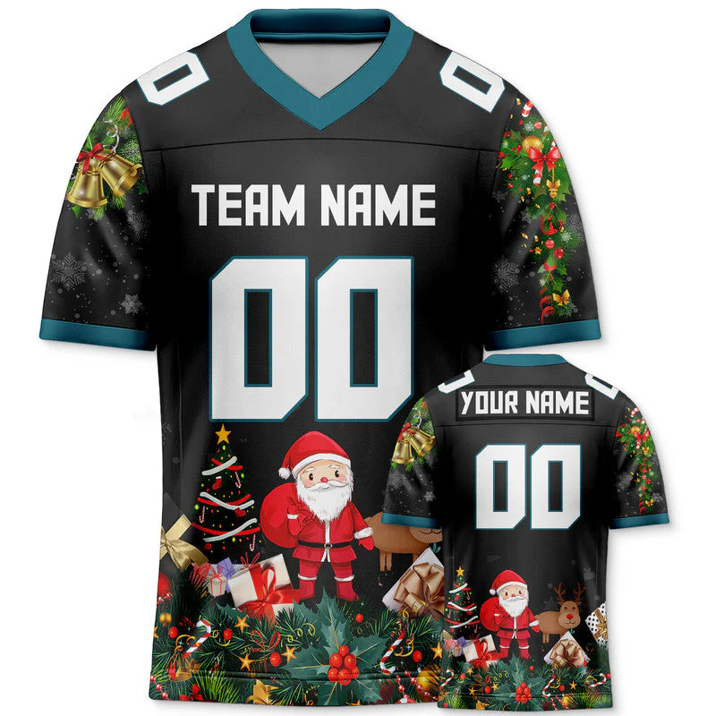 CHRISTMAS DAY CUSTOM BLACK WHITE-AQUA SANTA CLAUS AUTHENTIC FOOTBALL JERSEY