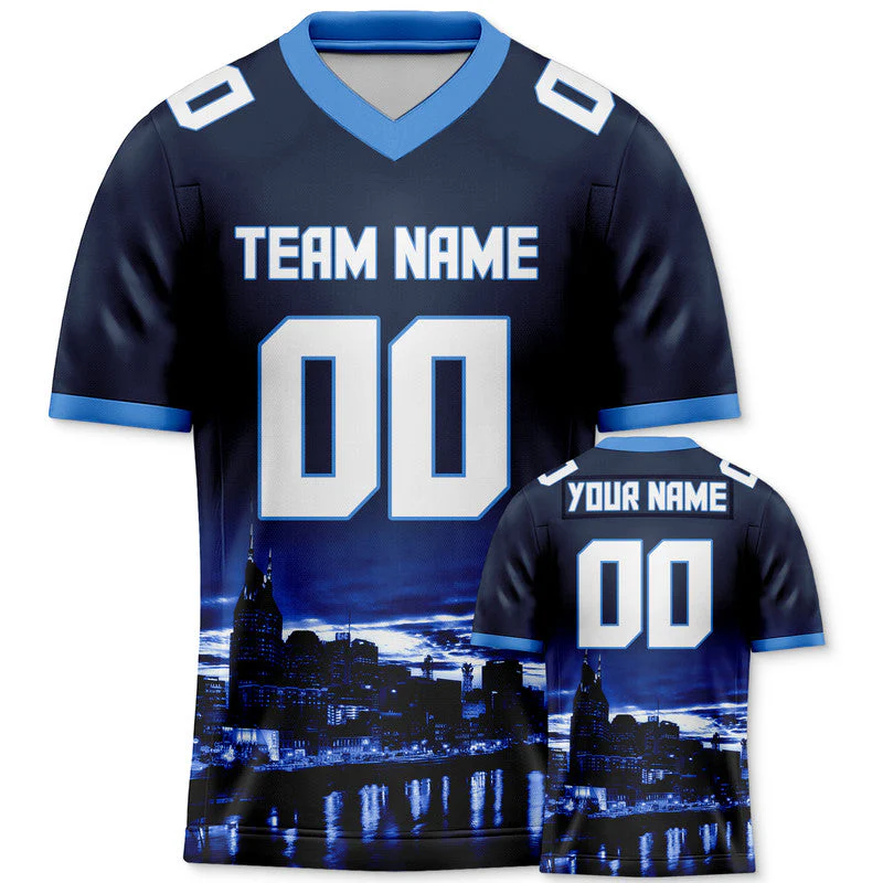 Custom 3D City Night Navy White-Blue Authentic Football Silhouette Jersey